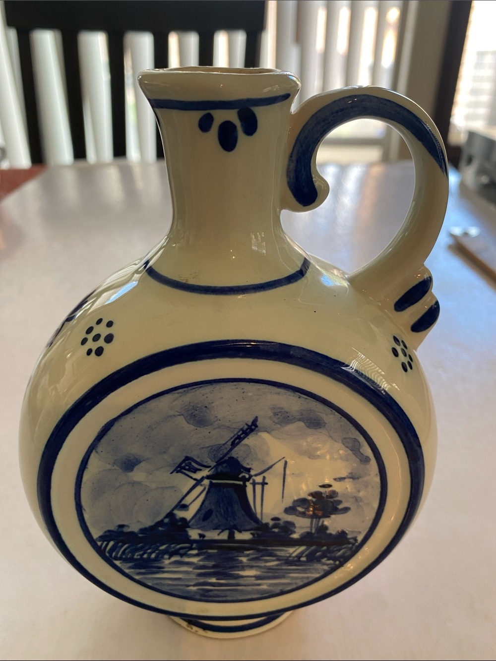 Vintage Blauw Delfts Hand Painted Windmill Jug Vase Holland 6.5” Tall